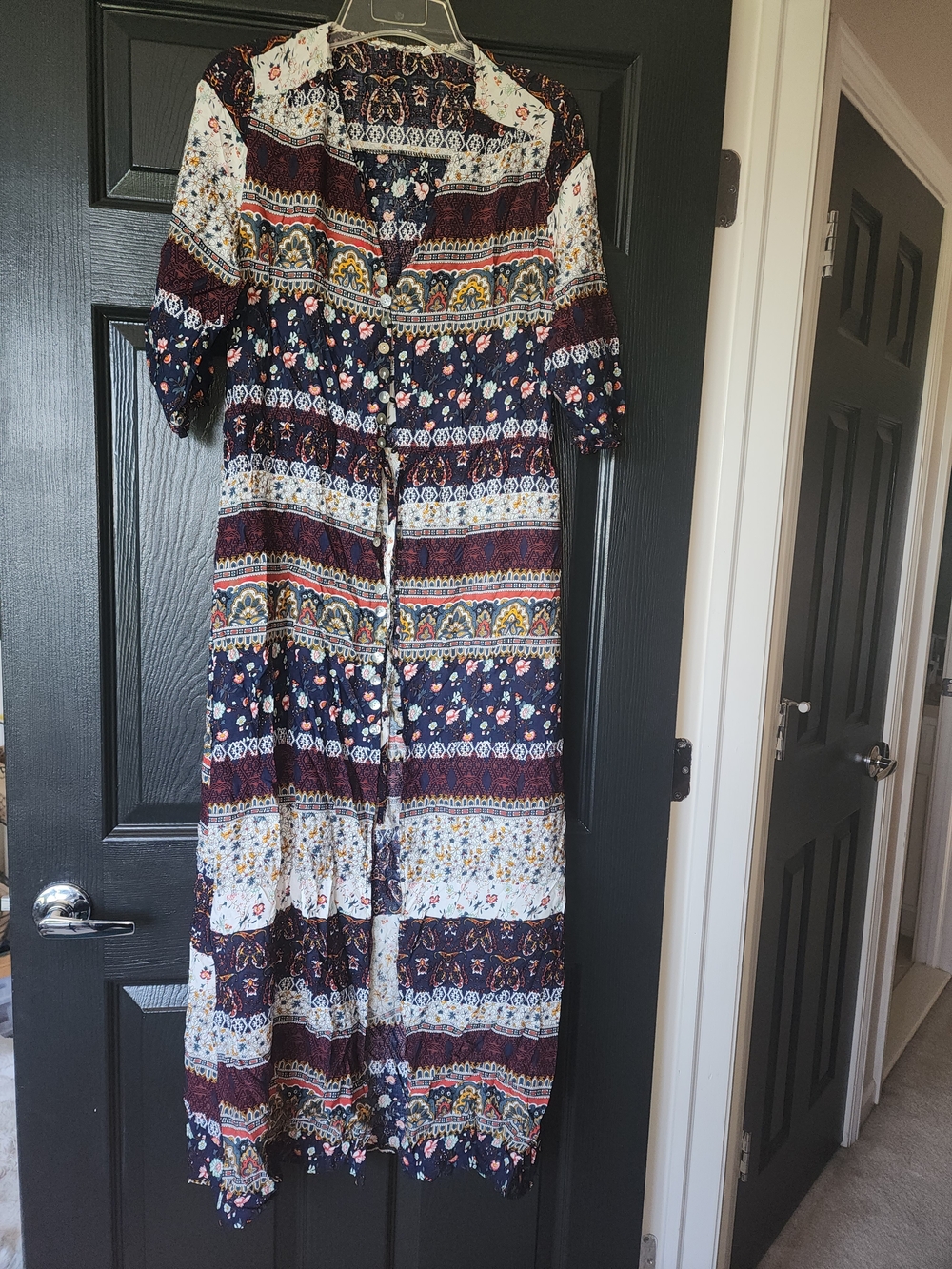 Boho Floral Tiered Button-Front Kimono - Navy & Burgundy